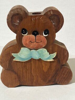 VTG Hand Painted Solid Wood Teddy Bear Single Tapir Candle Holder 6.5"x7"x1.5"
